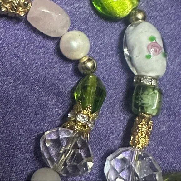 Handmade One of a Kind Green & Rock Crystal Rose Quartz Art Glass Necklace - Picture 8 of 9